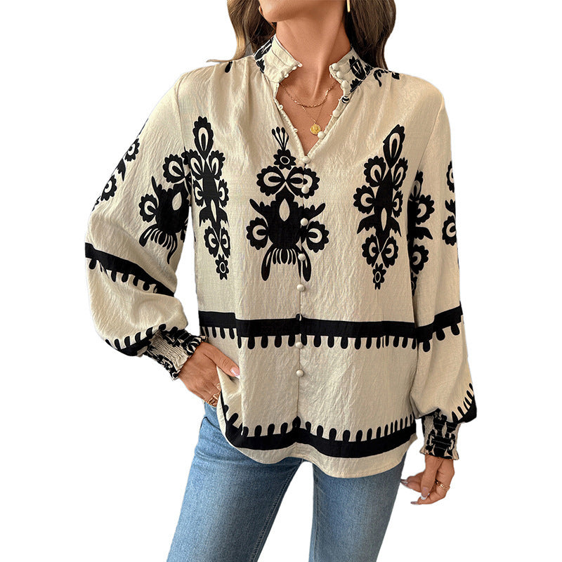 Stand Collar Retro Ethnic Print Long Sleeve Shirt