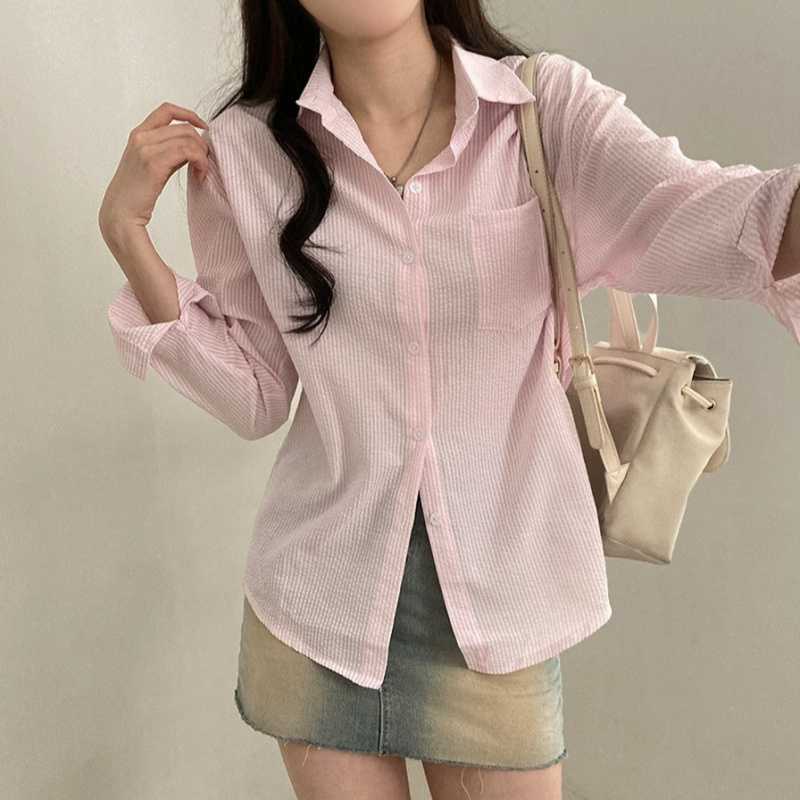 French Classic Striped Pleated Loose Pockets Long Sleeve All-matching Shirt