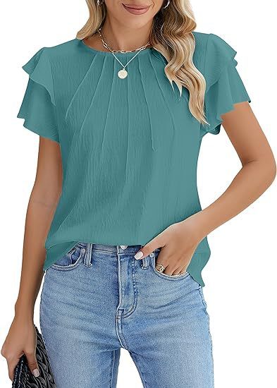 Summer Pleated Short Sleeve Round Neck Top Business Work Shirt