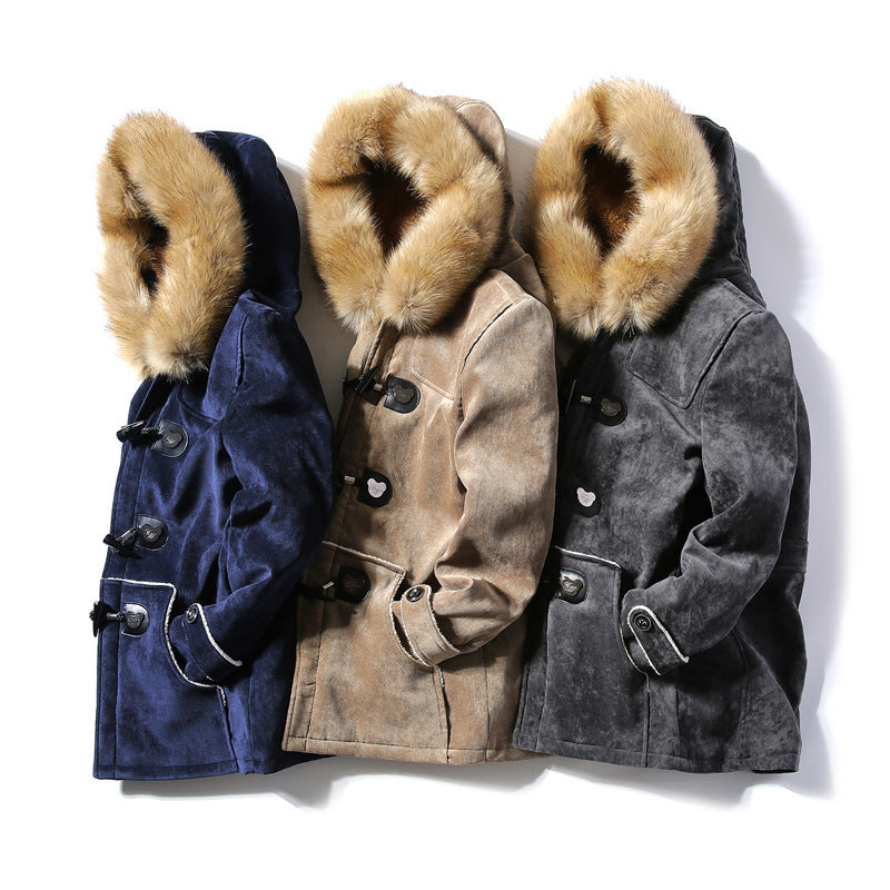 Furry Collar Horn Buckle Deer Velvet Leather Coat Men