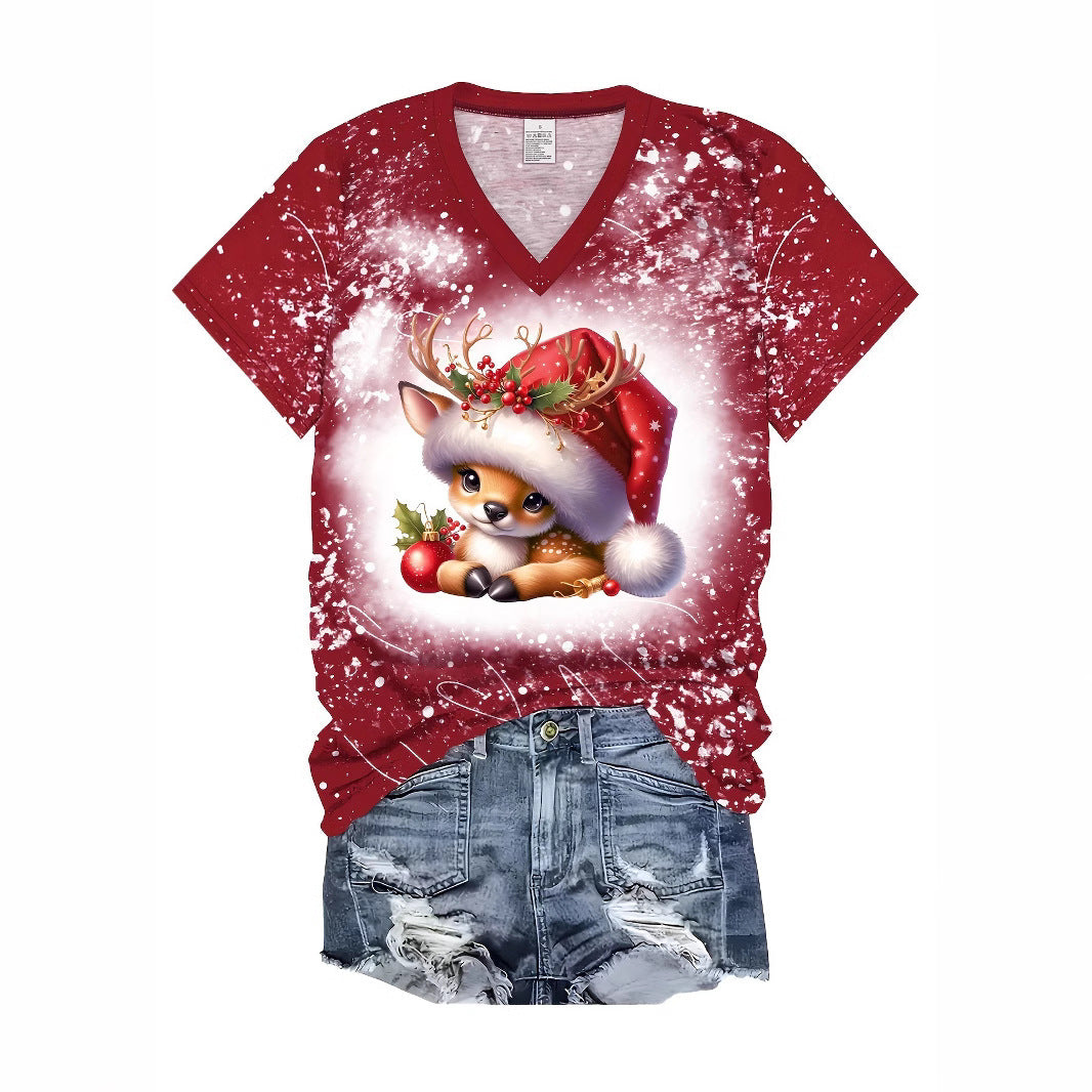 Christmas Cartoon Animal Reindeer Christmas Hat Printed Top