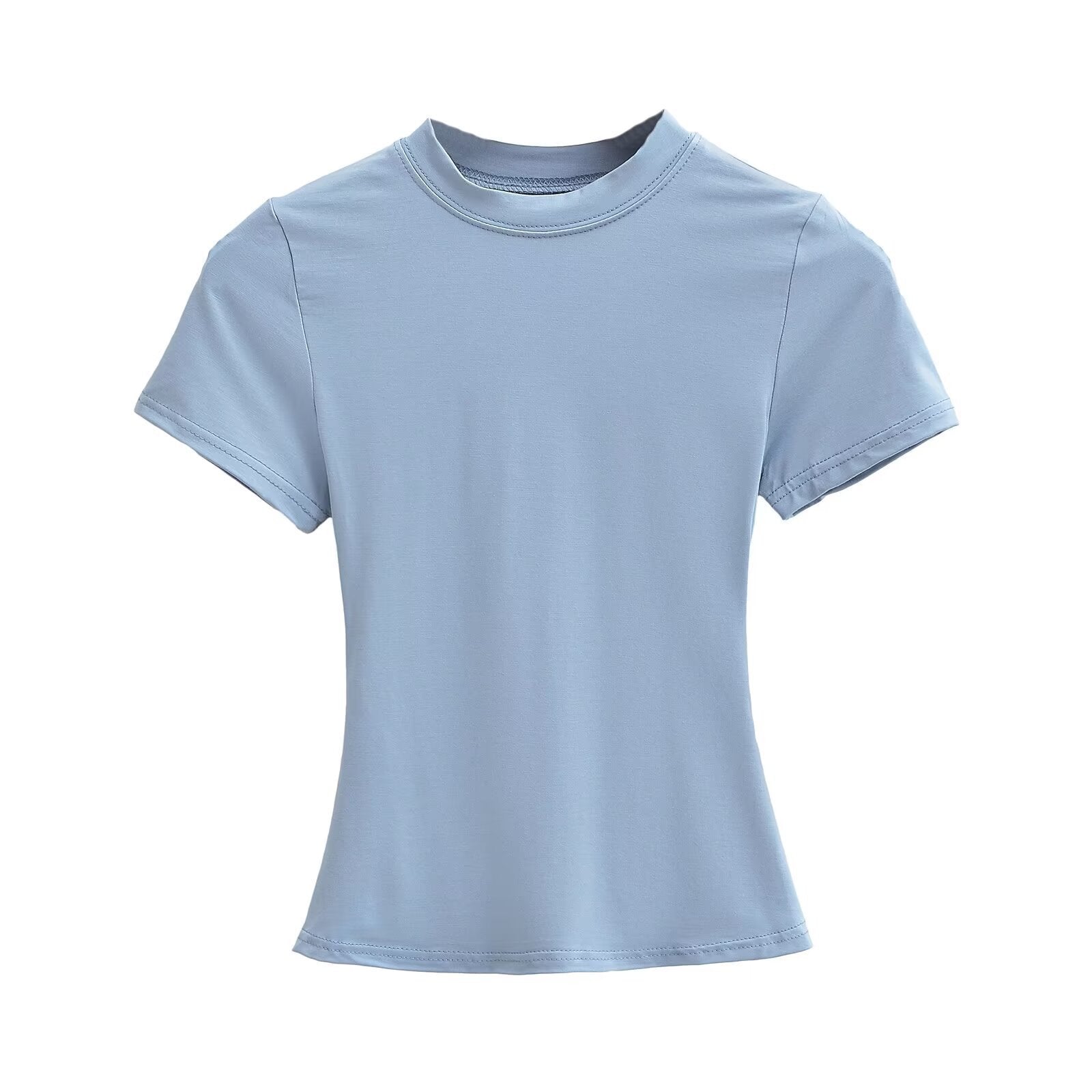 Solid Color Small Round Neck Elastic Shoulder Short Sleeve T-shirt Basic Style Waist-tight