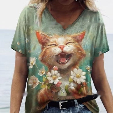 Women's Summer Cat Print Casual Short Sleeve Round Shirt Loose Clothing