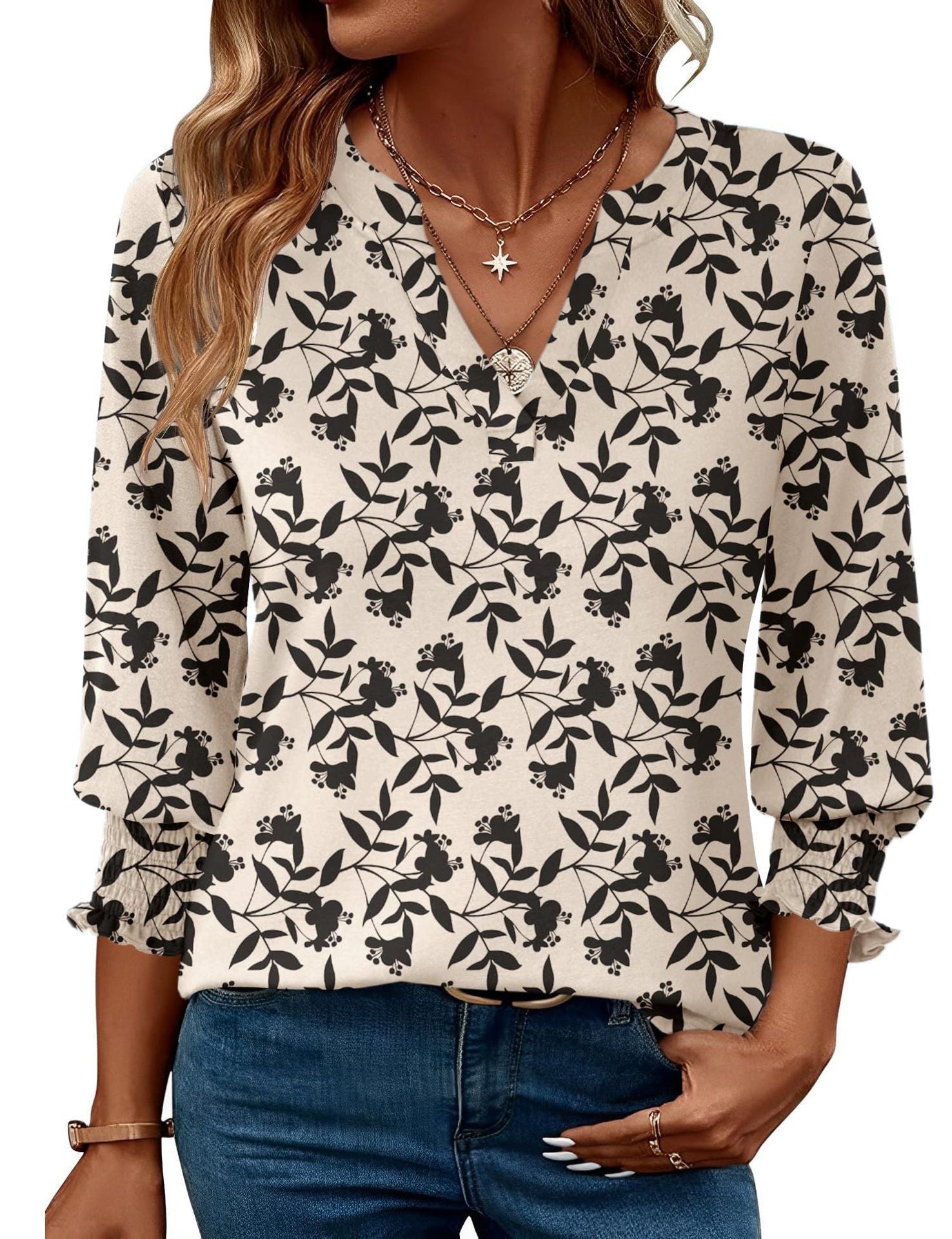 Fashion Tops Three-quarter Sleeve Flower Print Casual Shirt