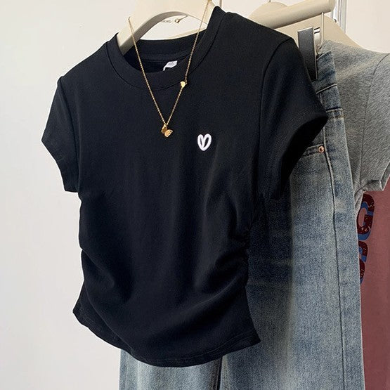 Short Sleeve T-shirt Female Gray Love Embroidery