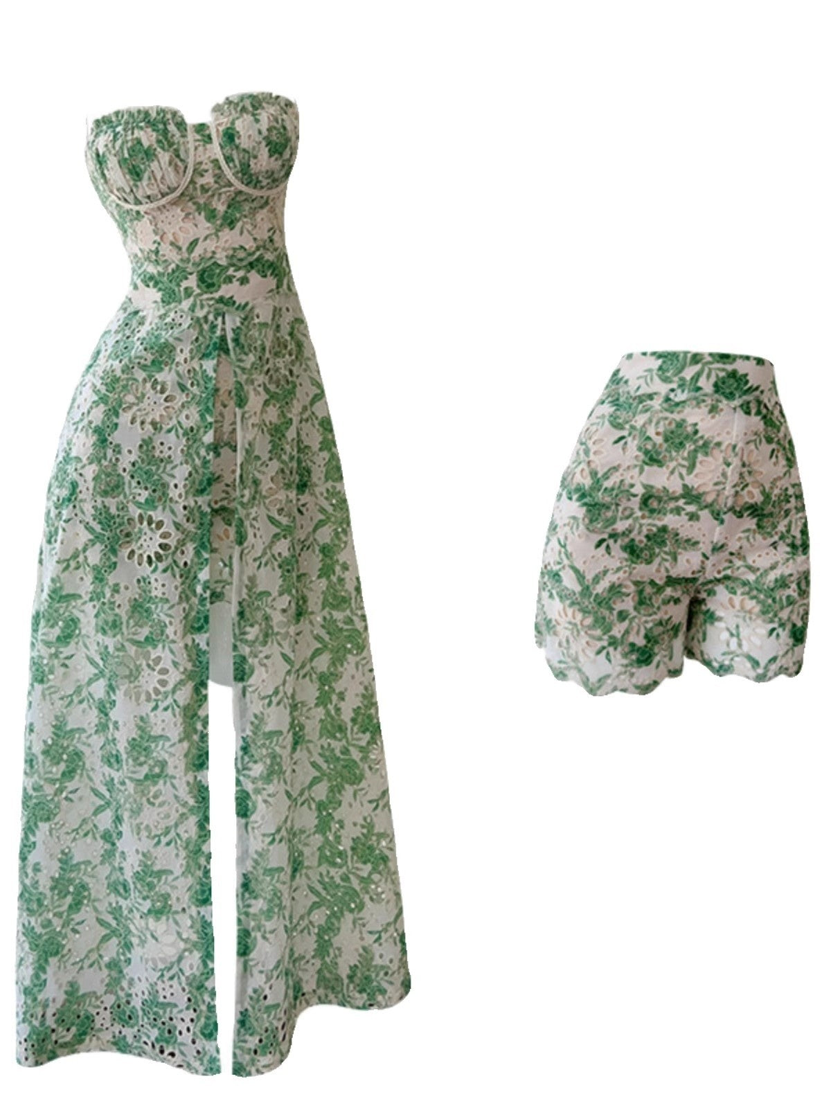 Retro Hollow Lace Green High Slit Dress