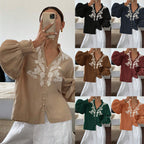 V-neck Machine Embroidery Pearl Single-breasted Lantern Long Sleeve Top