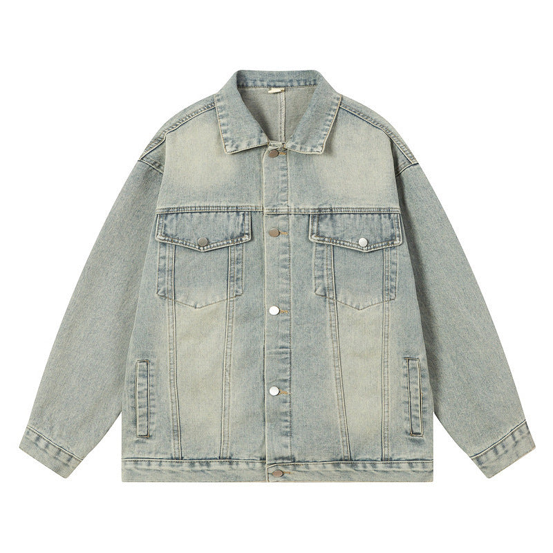 Washed Light Color Denim Jacket Men's Retro Baseball Uniform