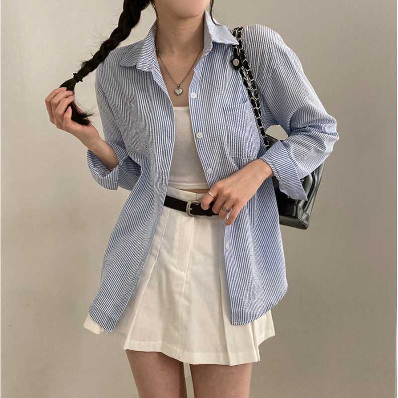 French Classic Striped Pleated Loose Pockets Long Sleeve All-matching Shirt