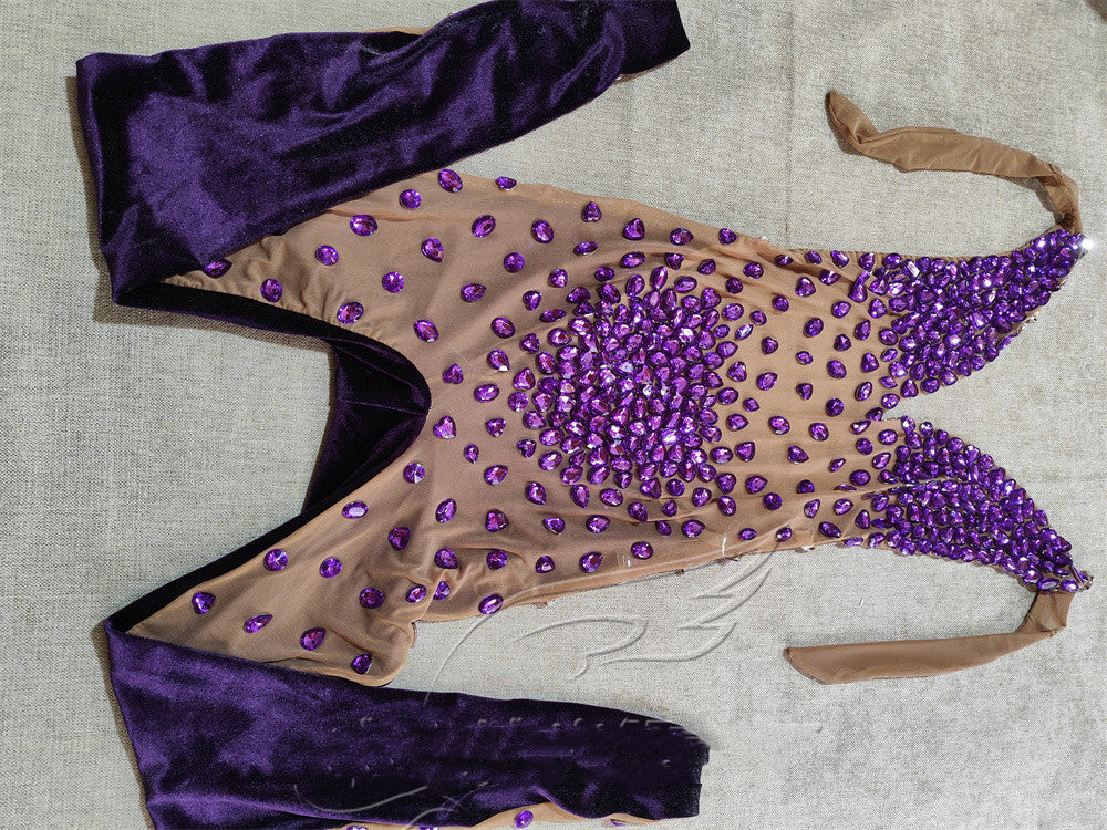 Gray Velvet Rhinestone Stretch One-piece Stage Performance Clothing Woman