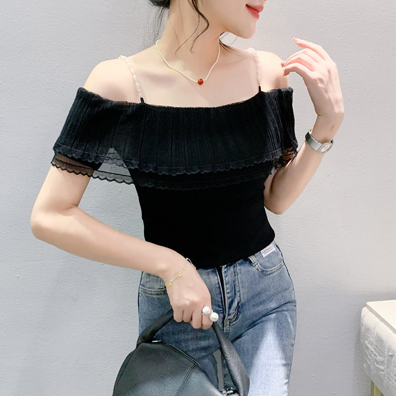Pleated Lace Stitching Off-neck Sweet Short Sleeve