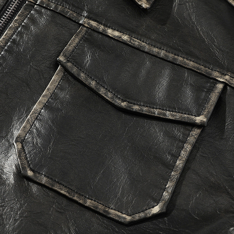 Plus Size Washed-out Vintage Leather Jacket For Men