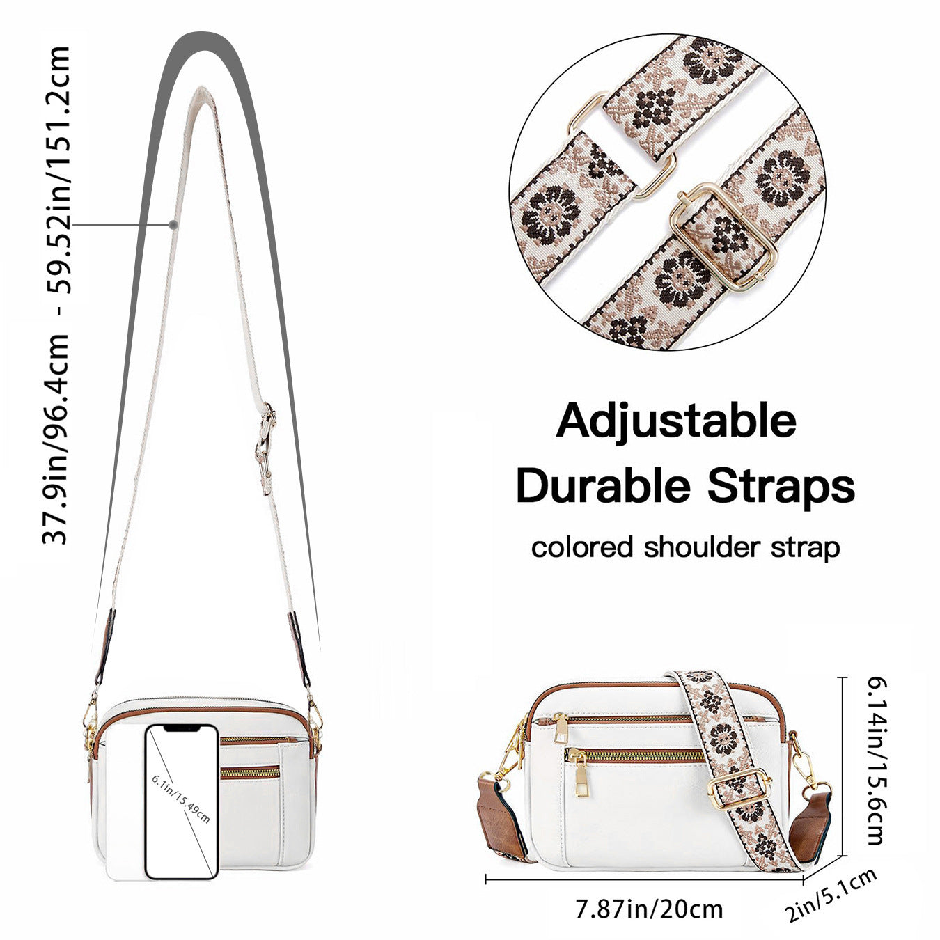 Triple-zipper Shoulder Bag With Floral Embroidered Straps Fashion Colorblock Multi-functional Crossbody Bags For Women