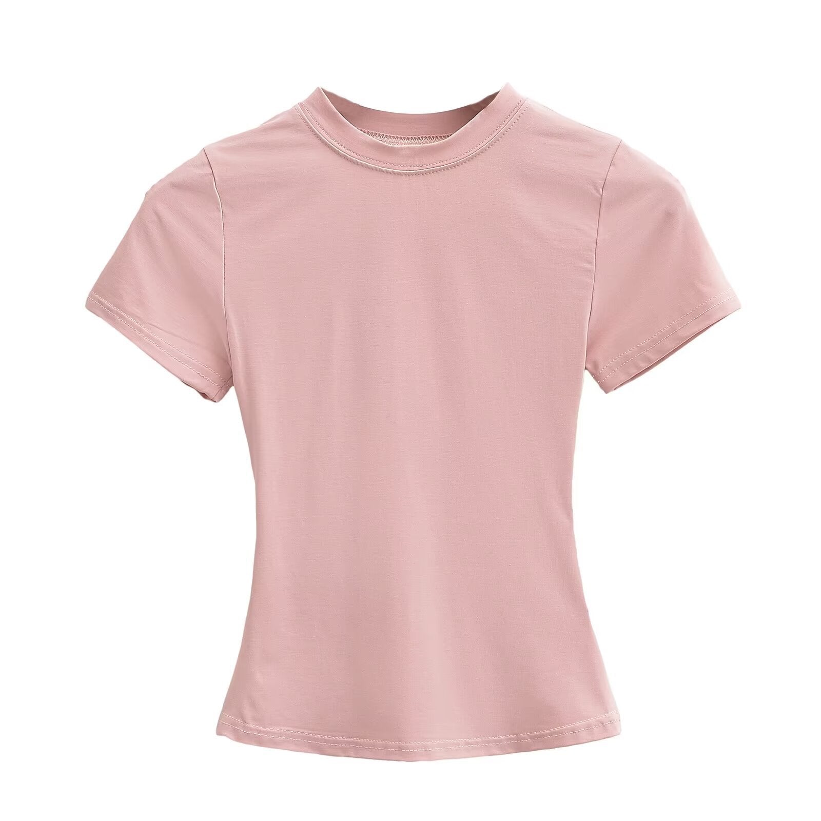 Solid Color Small Round Neck Elastic Shoulder Short Sleeve T-shirt Basic Style Waist-tight