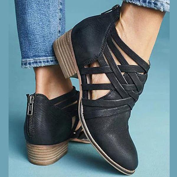 New Pointed Thick Heel Hollow Short Boots