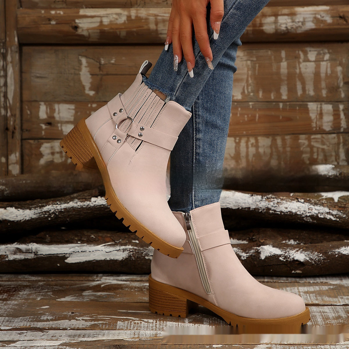 Belt Buckle Women's Ankle Boots Elastic Band