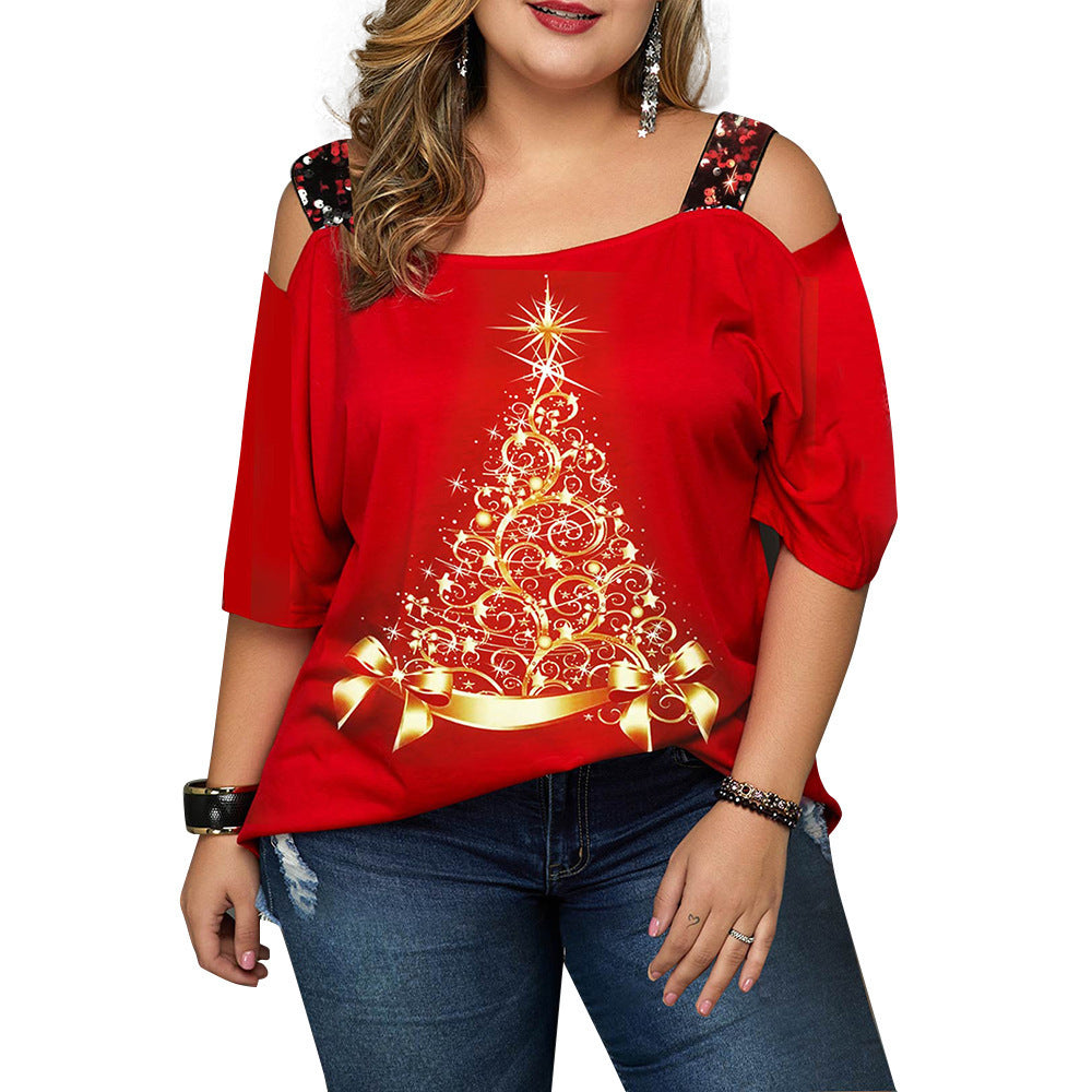 Women's Christmas Tree Print Off-shoulder Loose Short Sleeve Plus Size T-shirt Top