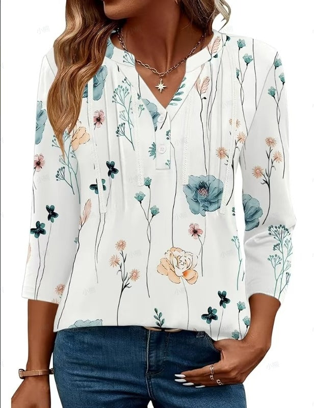 Women'S V-Neck Long Sleeve Shirt With Letter Print