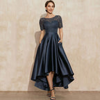 Navy Blue Satin Ball Lace Short Sleeve Dress
