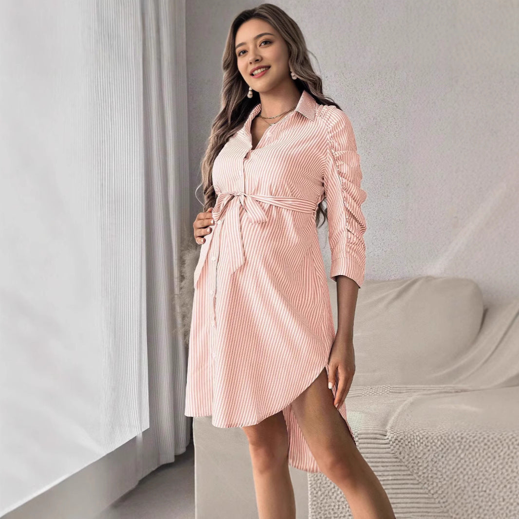 Women's Striped Lapel Button Casual Maternity Wear