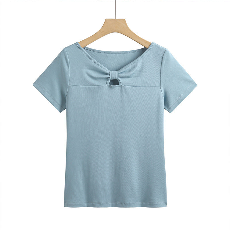 Women's Korean-style Slim-fit Cotton Short-sleeved Hollow-out Chest Bow