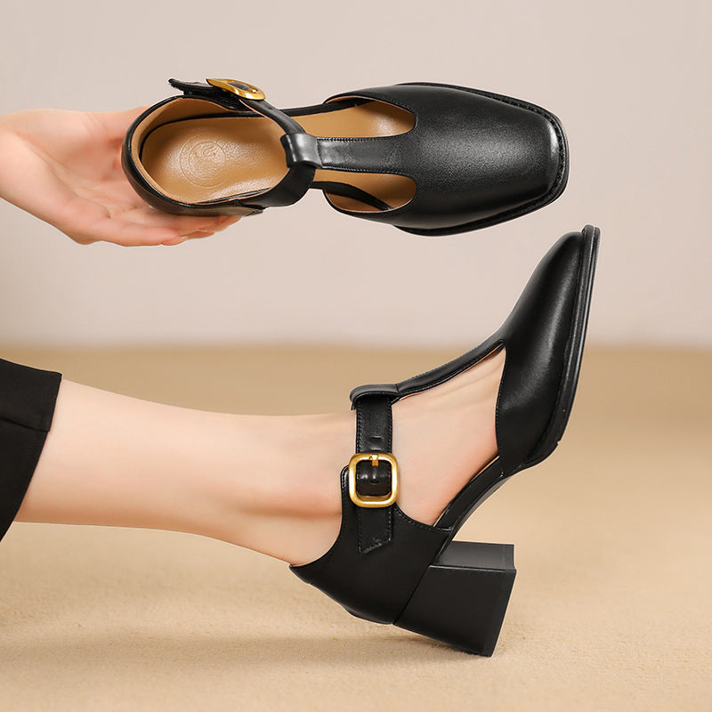 Women's Square Toe T-buckle Hollow Sandals