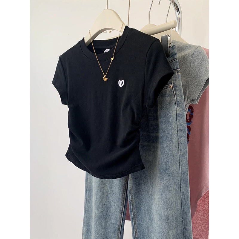 Short Sleeve T-shirt Female Gray Love Embroidery