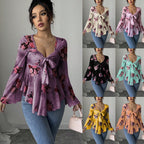 European And American Design Sense French Sweet Flower Blooming Lace-up Square Collar Long Sleeve Shirt