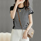Round Neck Black And White Striped T-shirt For Women