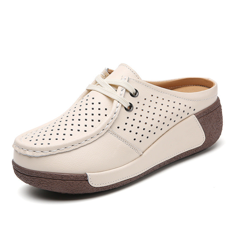 New Plus Size Hollow-out Soft Bottom Wedge Women's Genuine Leather Platform Slippers Summer Outerwear