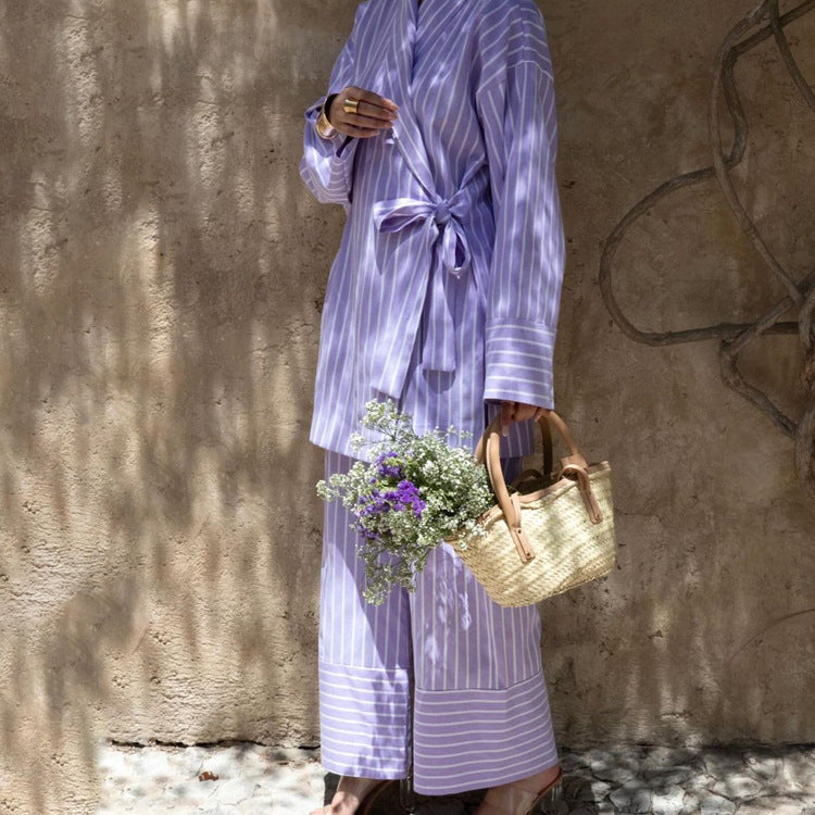 Casual Striped Cross Design Lace-up Long Sleeve Top Wide Leg Pants Two-piece Set