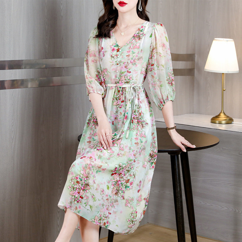 New Fashion V-neck Temperament Printed Dress