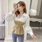 Long Sleeve Cinched Patchwork False Two-piece Suit Shirt