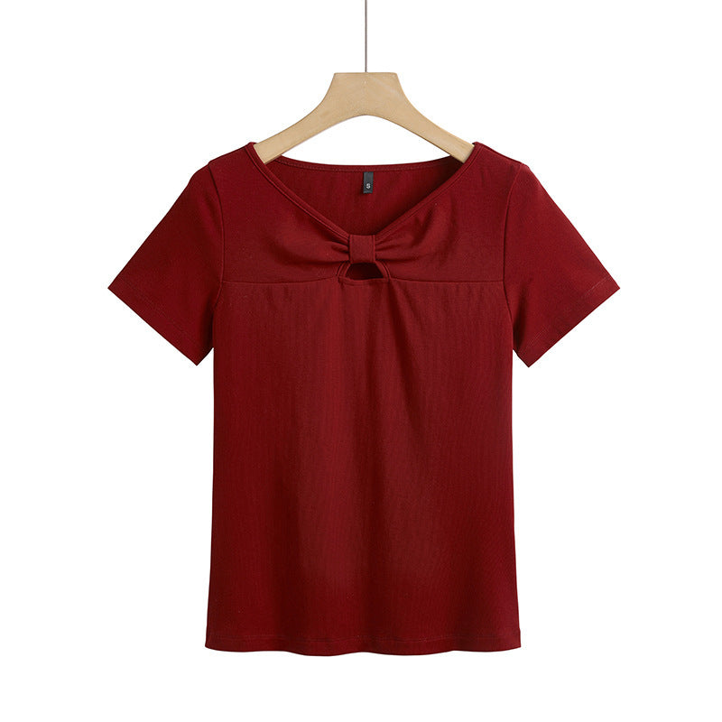 Women's Korean-style Slim-fit Cotton Short-sleeved Hollow-out Chest Bow