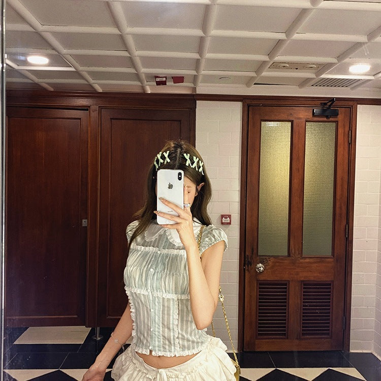 Polka Dot Lace Stitching Shirt For Women Sweet Doll Collar Slim-fit Crop-top