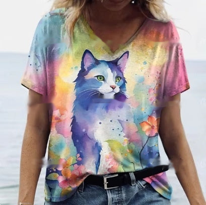 Women's Summer Cat Print Casual Short Sleeve Round Shirt Loose Clothing