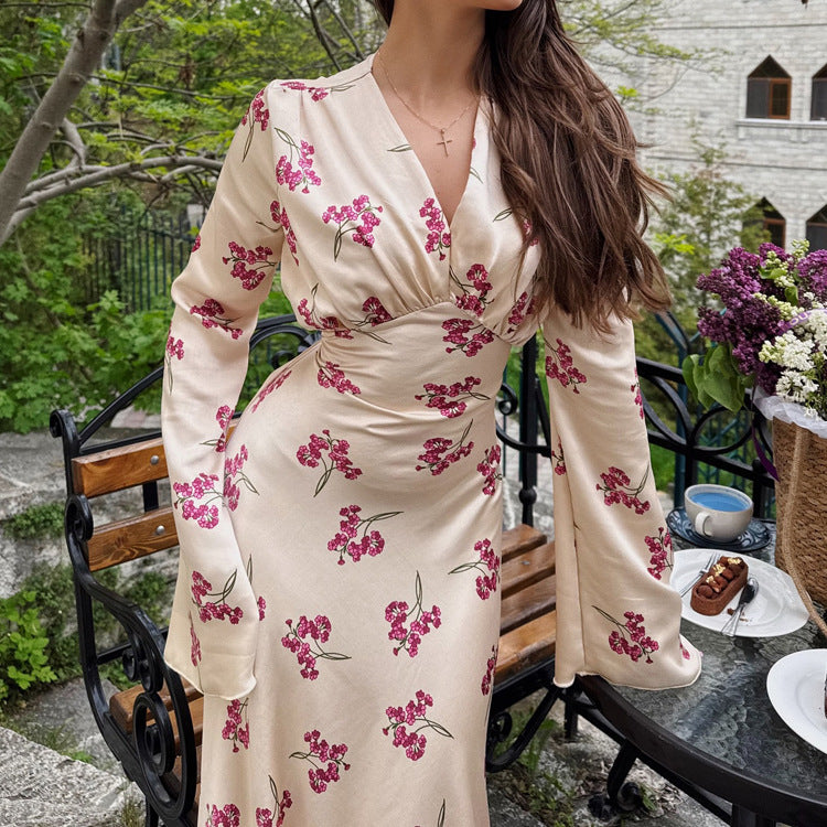Elegant Printed Satin V-neck Long Sleeve Lace-up Dress