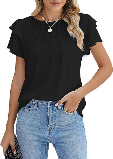 Summer Pleated Short Sleeve Round Neck Top Business Work Shirt