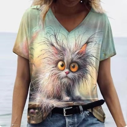 Women's Summer Cat Print Casual Short Sleeve Round Shirt Loose Clothing