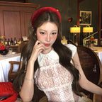 Polka Dot Lace Stitching Shirt For Women Sweet Doll Collar Slim-fit Crop-top