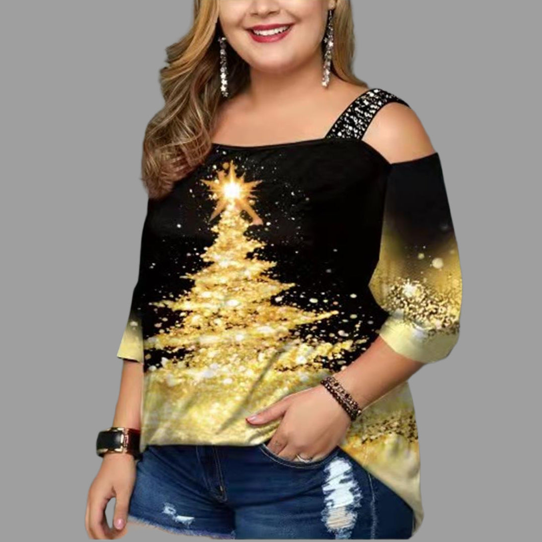 Women's Christmas Tree Print Off-shoulder Loose Short Sleeve Plus Size T-shirt Top