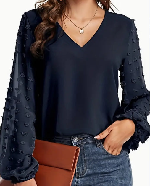 Swiss Dot V Neck Shirt  3PC Set - Soft, Breathable, Casual Solid Shirt For Spring And Fall Season, Women's Clothing With Relaxed Fit And Classic Style