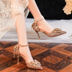 Sequin Rhinestones Bow Tassel Hollowed Sandals