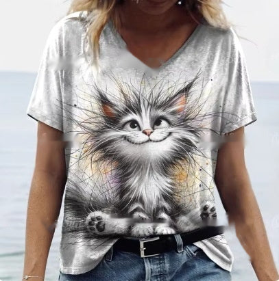 Women's Summer Cat Print Casual Short Sleeve Round Shirt Loose Clothing